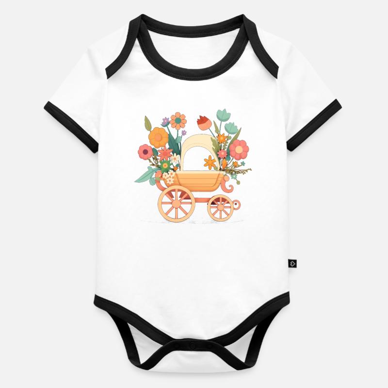 Blumiger Kinderwagen 4 - Baby Bio-Kurzarm-Kontrastbody - Weiß/Schwarz 