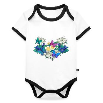 Début de la saison printanière Fleurs Papillons - Body Bébé bio contrasté manches courtes - blanc/noir  - Devant