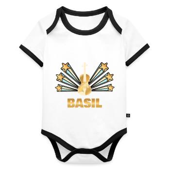 Geschenk für Basil - Baby Bio-Kurzarm-Kontrastbody - Weiß/Schwarz  - Vorne