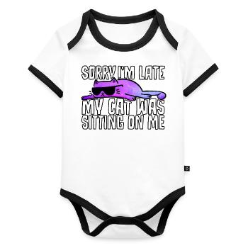 Sorry I'm late. My Cat was sitting on me. - Organic Baby Contrasting Bodysuit - white/black  - Front