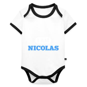 Nicolas Name Spruch für stolze Nicolas - Baby Bio-Kurzarm-Kontrastbody - Weiß/Schwarz  - Vorne