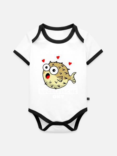 Kugelfisch - Ich mag Kugelfische - Baby Bio-Kurzarm-Kontrastbody - Weiß/Schwarz 