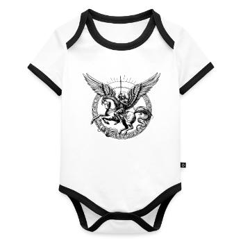 ein Engel, der mit einem Schwert bewaffnet ist - Baby Bio-Kurzarm-Kontrastbody - Weiß/Schwarz  - Vorne