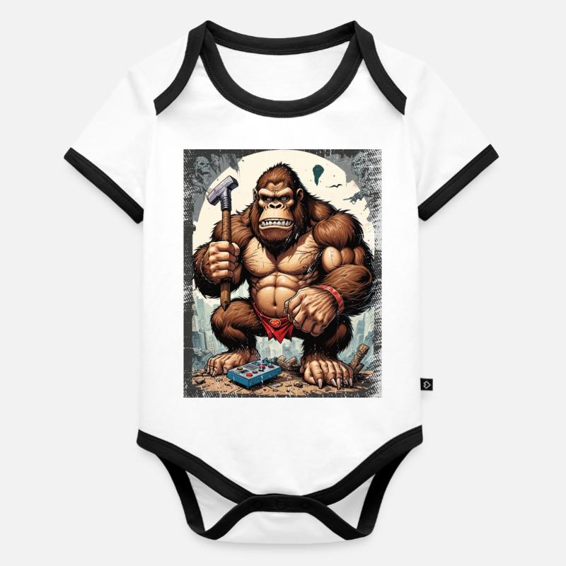 Retro Gamer Gorilla avec manette Jeux de console - Body Bébé bio contrasté manches courtes - blanc/noir