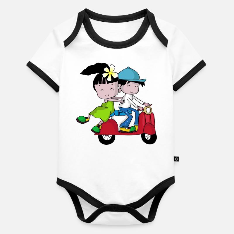 Roller Paar – Reise mit Moped - Baby Bio-Kurzarm-Kontrastbody - Weiß/Schwarz 