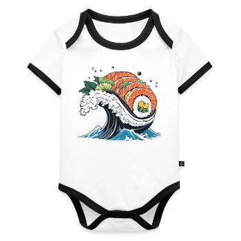 Ukiyo-E Sushi Wave Aesthetic Design - Organic Baby Contrasting Bodysuit - white/black  - Front
