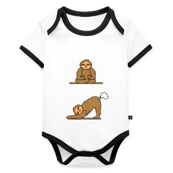 Faultier Yoga Meditation - Inhale Exhale - Baby Bio-Kurzarm-Kontrastbody - Weiß/Schwarz  - Vorne