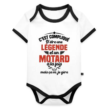 Legende et Motard, Humour Cadeau Motard - Body Bébé bio contrasté manches courtes - blanc/noir  - Devant