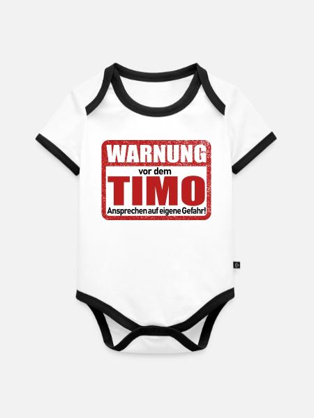 Timo Name Lustiges Warnschild - Baby Bio-Kurzarm-Kontrastbody - Weiß/Schwarz 