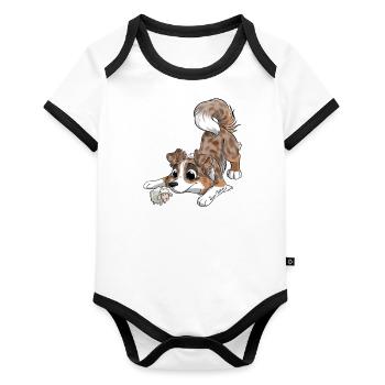 Der süßeste australische Schäferhund - Baby Bio-Kurzarm-Kontrastbody - Weiß/Schwarz  - Vorne