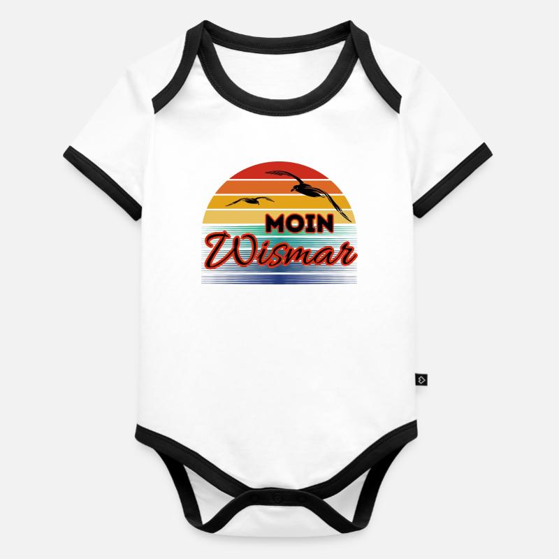 Moin Wismar avec mouette dans un style rétro - Body Bébé bio contrasté manches courtes - blanc/noir 