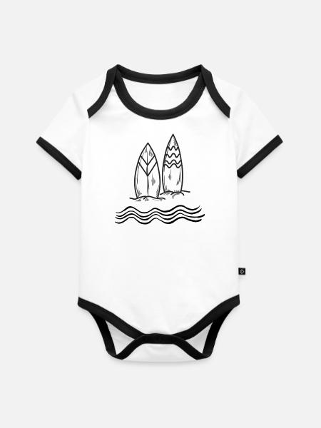 Surfboard & Waves - Baby Bio-Kurzarm-Kontrastbody - Weiß/Schwarz