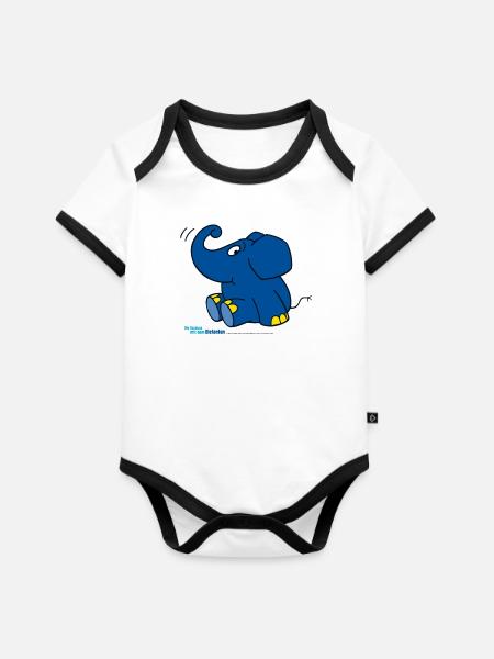 Der Elefant - sitzend - Baby Bio-Kurzarm-Kontrastbody - Weiß/Schwarz 