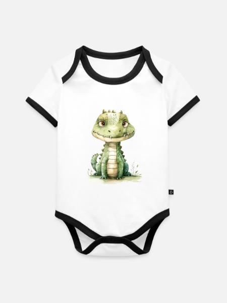Krokodil, handgemalt - Wasserfarben - Baby Bio-Kurzarm-Kontrastbody - Weiß/Schwarz 
