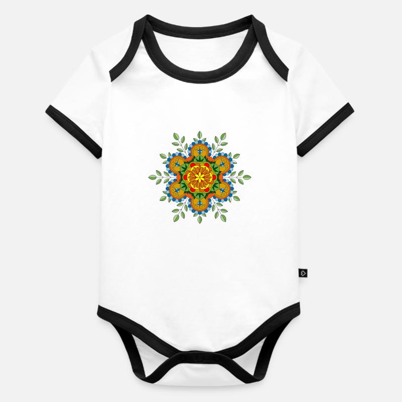 Fleurs mandala - Body Bébé bio contrasté manches courtes - blanc/noir 