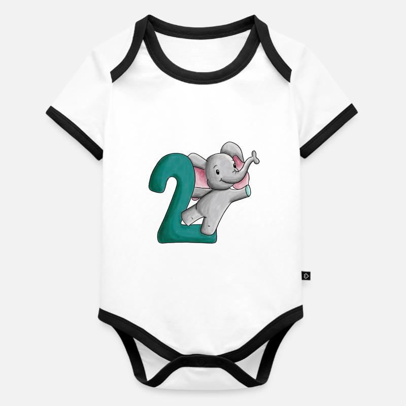 2e anniversaire éléphant - Body Bébé bio contrasté manches courtes - blanc/noir