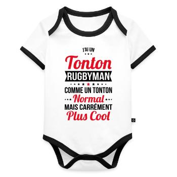 J'ai un tonton rugbyman plus cool - Body Bébé bio contrasté manches courtes - blanc/noir  - Devant