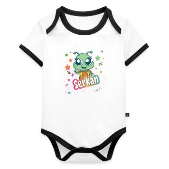 SERKAN - Beautiful boy name with cute alien - Organic Baby Contrasting Bodysuit - white/black  - Front