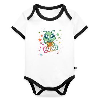 EVAN - Schöner Junge Name mit süßem Alien - Baby Bio-Kurzarm-Kontrastbody - Weiß/Schwarz  - Vorne