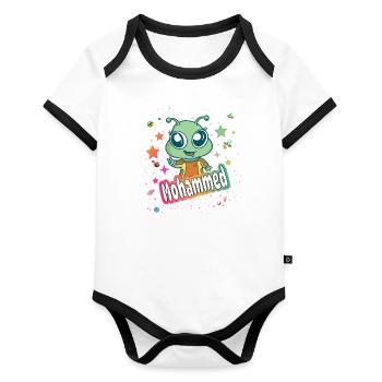 MOHAMMED - Schöner Junge Name mit süßem Alien - Baby Bio-Kurzarm-Kontrastbody - Weiß/Schwarz  - Vorne