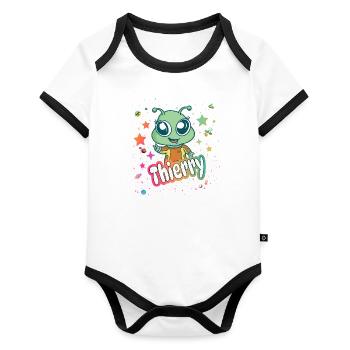 THIERRY - Beautiful boy name with cute alien - Organic Baby Contrasting Bodysuit - white/black  - Front
