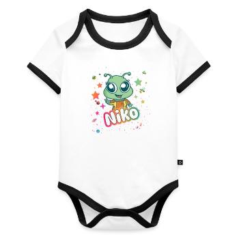 NIKO - Beautiful boy name with cute alien - Organic Baby Contrasting Bodysuit - white/black  - Front