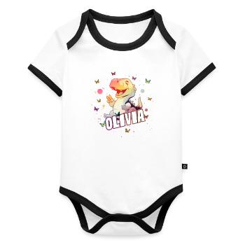 OLIVIA - Beautiful GIRL name with cute DINO T-REX - Organic Baby Contrasting Bodysuit - white/black  - Front
