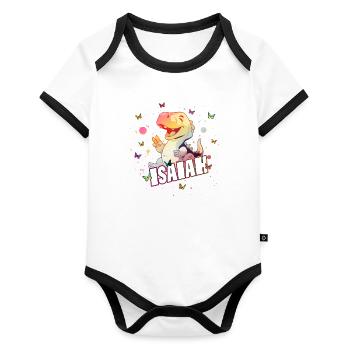 ISAIAH - Schöner JUNGEN Name mit süßem DINO - Baby Bio-Kurzarm-Kontrastbody - Weiß/Schwarz  - Vorne