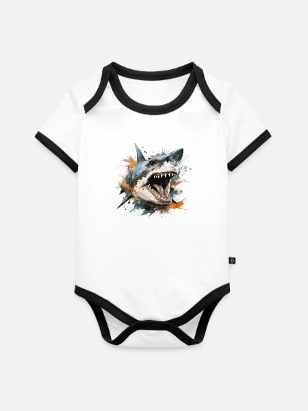 Sharkhead - Baby Bio-Kurzarm-Kontrastbody - Weiß/Schwarz
