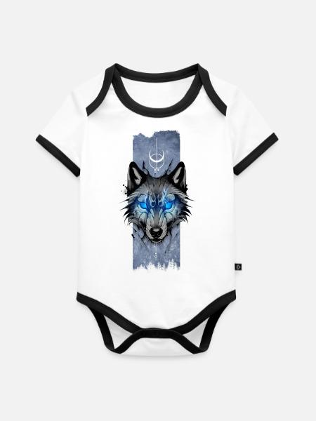 Mondwächter: Wolfs strahlender Blick - Baby Bio-Kurzarm-Kontrastbody - Weiß/Schwarz 