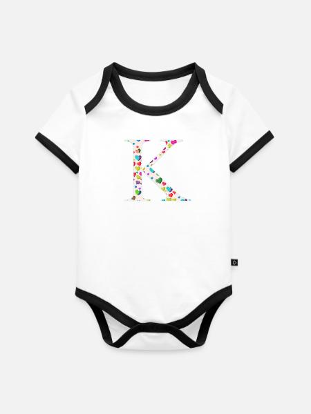 Personalisierbar Monogramm K Herzmuster - Baby Bio-Kurzarm-Kontrastbody - Weiß/Schwarz