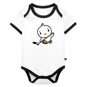 Bird Playing Hockey Sport Puck Stick Hobby - Organic Baby Contrasting Bodysuit - white/black  - Front