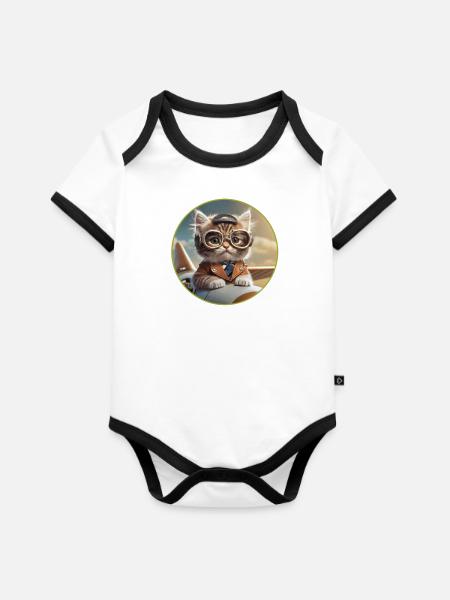 Piloten-Kätzchen - Baby Bio-Kurzarm-Kontrastbody - Weiß/Schwarz 
