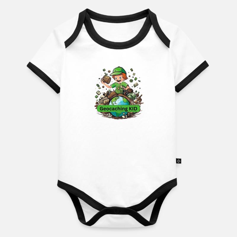 Geocaching KID - Baby Bio-Kurzarm-Kontrastbody - Weiß/Schwarz 
