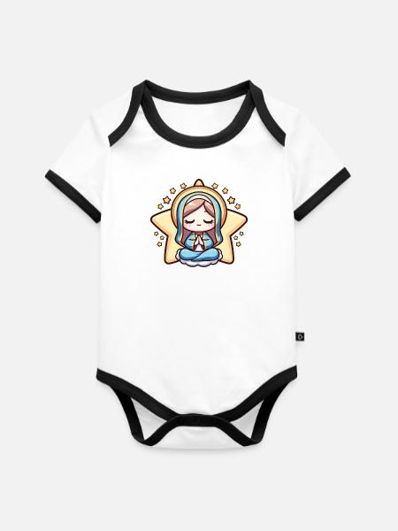 Friedliche Marien-Karikatur - Baby Bio-Kurzarm-Kontrastbody - Weiß/Schwarz