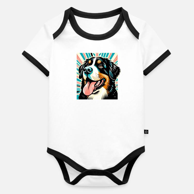 Bernese Dog Risography Vector Style - Organic Baby Contrasting Bodysuit - white/black 