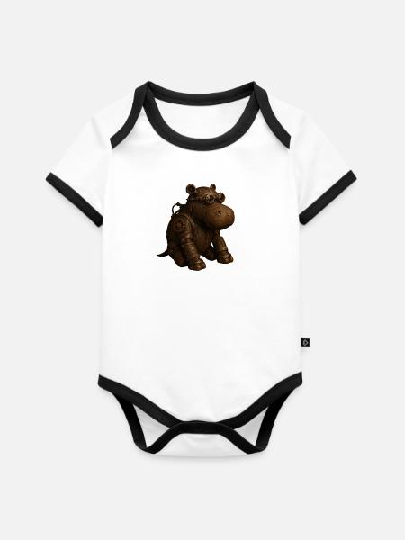Steampunk Hippo - Baby Bio-Kurzarm-Kontrastbody - Weiß/Schwarz