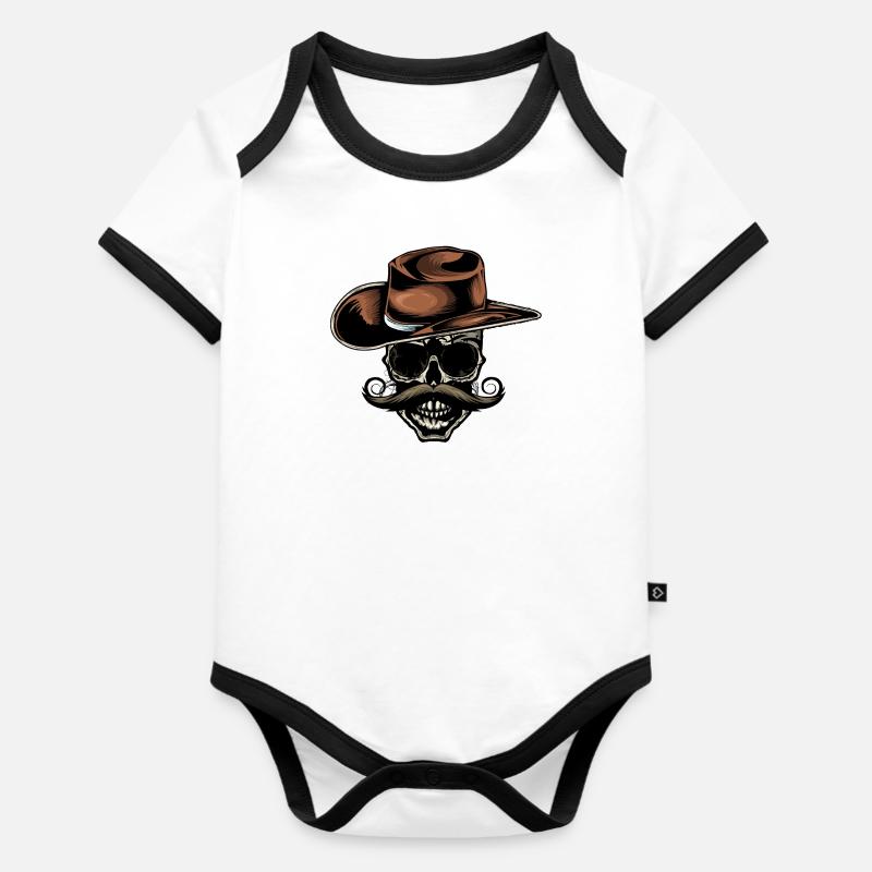 Todeskopf Schädel Skull Cowboy Hut Schnurrbart - Baby Bio-Kurzarm-Kontrastbody - Weiß/Schwarz 