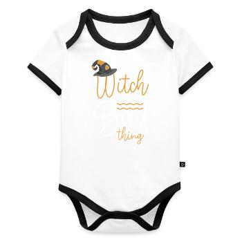Balai de sorcière Dicton magique Drôle - Body Bébé bio contrasté manches courtes - blanc/noir  - Devant