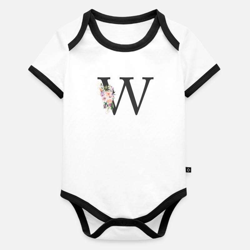 Buchstabe W, Monogramm, Blumen - Baby Bio-Kurzarm-Kontrastbody - Weiß/Schwarz 