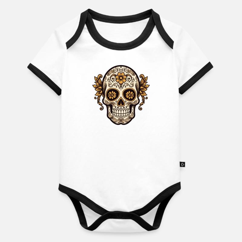 Calavera Sugar Skull - Baby Bio-Kurzarm-Kontrastbody - Weiß/Schwarz 