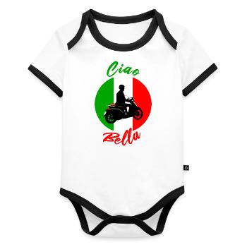 Roller Scooter Moped Italien Urlaub Ciao Bella - Baby Bio-Kurzarm-Kontrastbody - Weiß/Schwarz  - Vorne