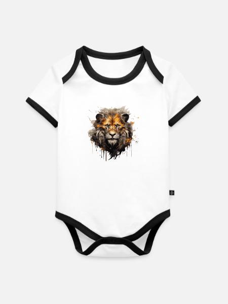 Lion Head - Baby Bio-Kurzarm-Kontrastbody - Weiß/Schwarz