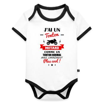 J'ai un tonton motard, cadeau bébé, moto - Body Bébé bio contrasté manches courtes - blanc/noir  - Devant