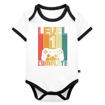 1.Geburtstag - 1 jahre level 1 complete - Baby Bio-Kurzarm-Kontrastbody - Weiß/Schwarz  - Vorne