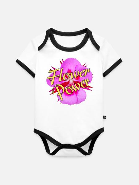 Flower Power Blüte - Baby Bio-Kurzarm-Kontrastbody - Weiß/Schwarz 
