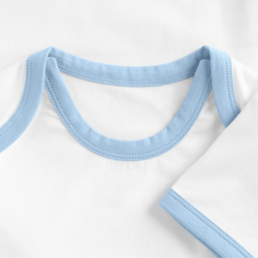 Grindelwald badge on a organic baby contrasting bodysuit, white/light blue , neck label