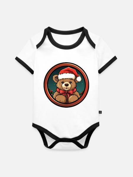 Teddybären Weihnachten - Baby Bio-Kurzarm-Kontrastbody - Weiß/Schwarz 