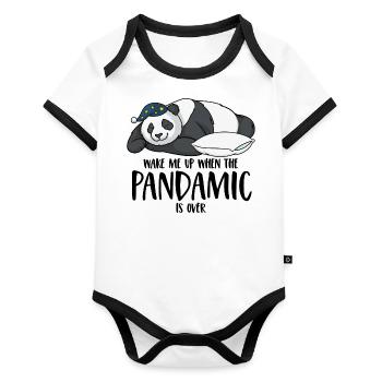 Panda disant Réveillez-moi quand le pandamic est terminé - Body Bébé bio contrasté manches courtes - blanc/noir  - Devant