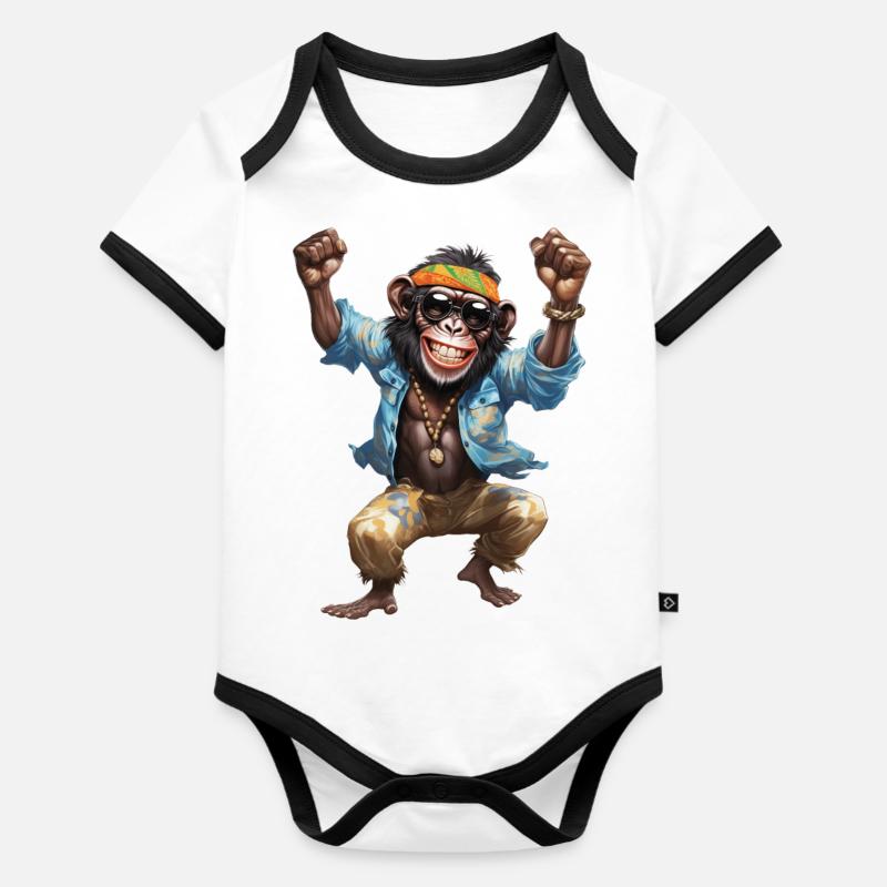 crazy hippie chimpanzee monkey with sunglasses - Organic Baby Contrasting Bodysuit - white/black